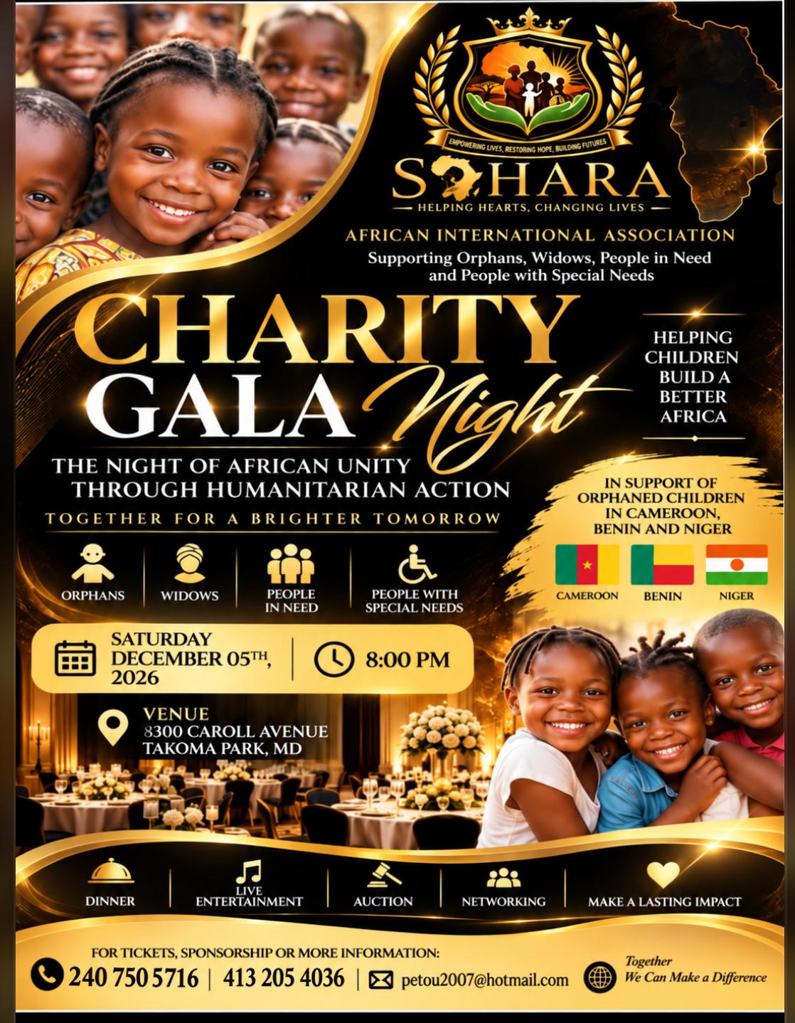 Sahara Charity Gala Night flyer – Saturday, December 5, 2026 at 8:00 PM, 8300 Carroll Avenue, Takoma Park, MD